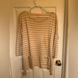 Lilly Pulitzer Tan and White Striped Sweater with Tassels, M
